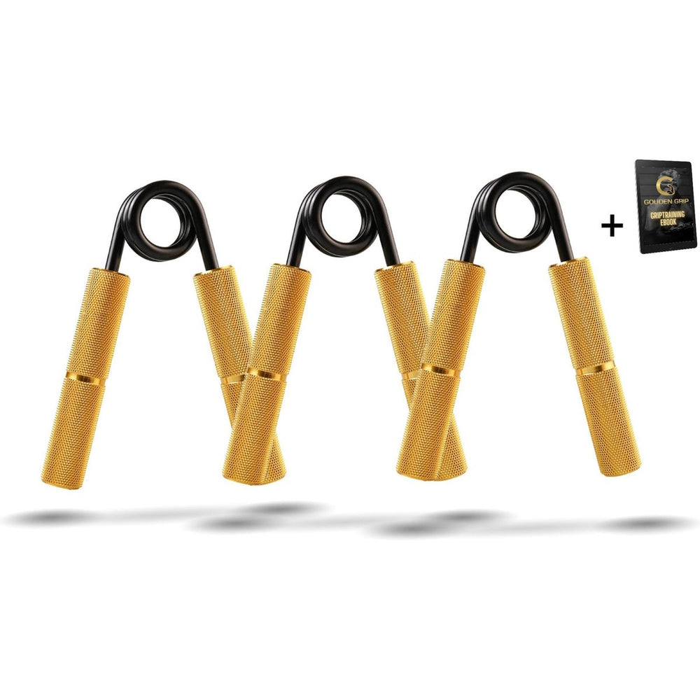 
                      
                        Golden Grip hand gripper, steel and aluminum, for grip strength with resistance levels from 23kg to 135kg. Set of 3
                      
                    