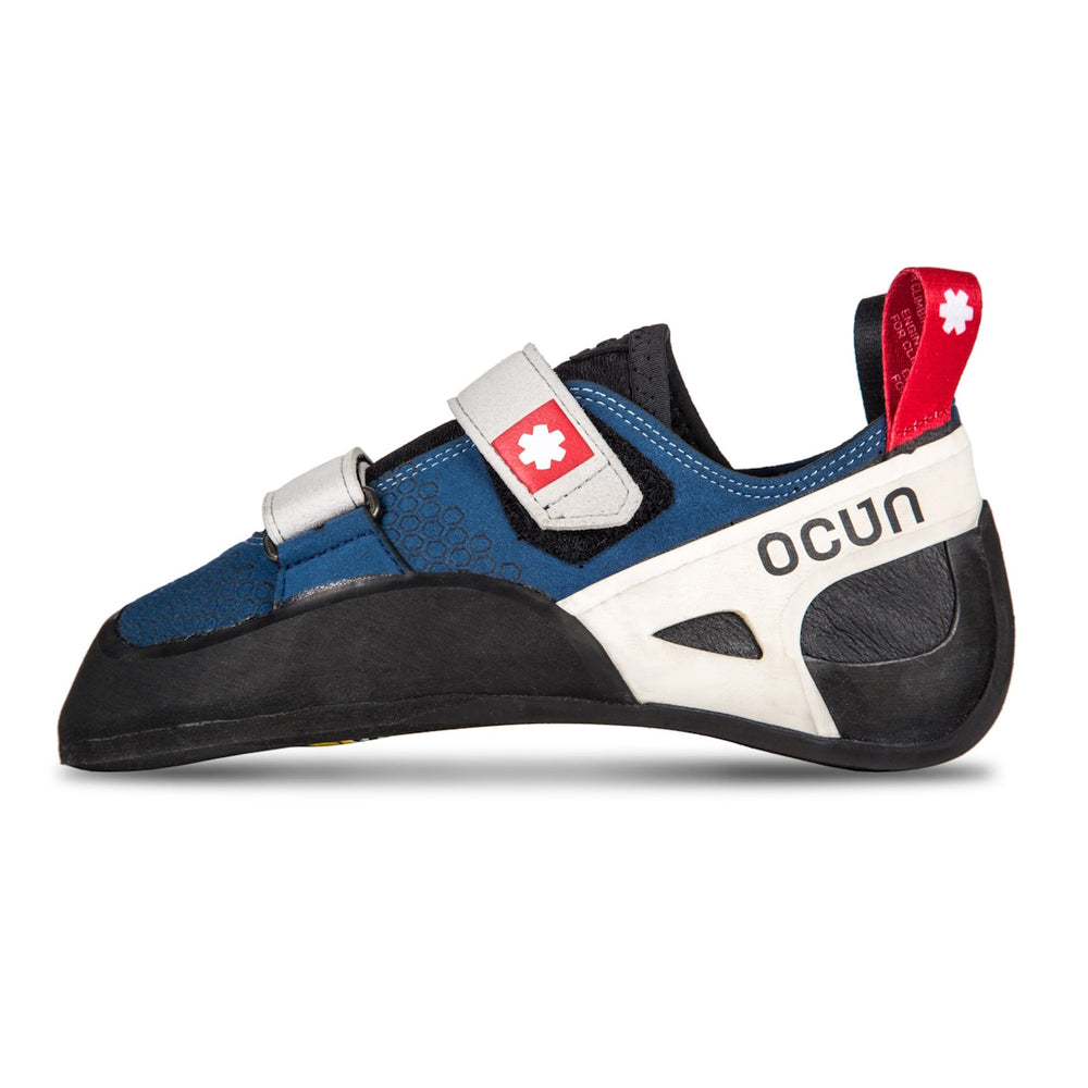 
                      
                        Ocun Advancer QC climbing shoes with dual Velcro straps, flat profile, and CAT 1.5 rubber, designed for intermediate climbers and suitable for Greek and Cube toe types.
                      
                    