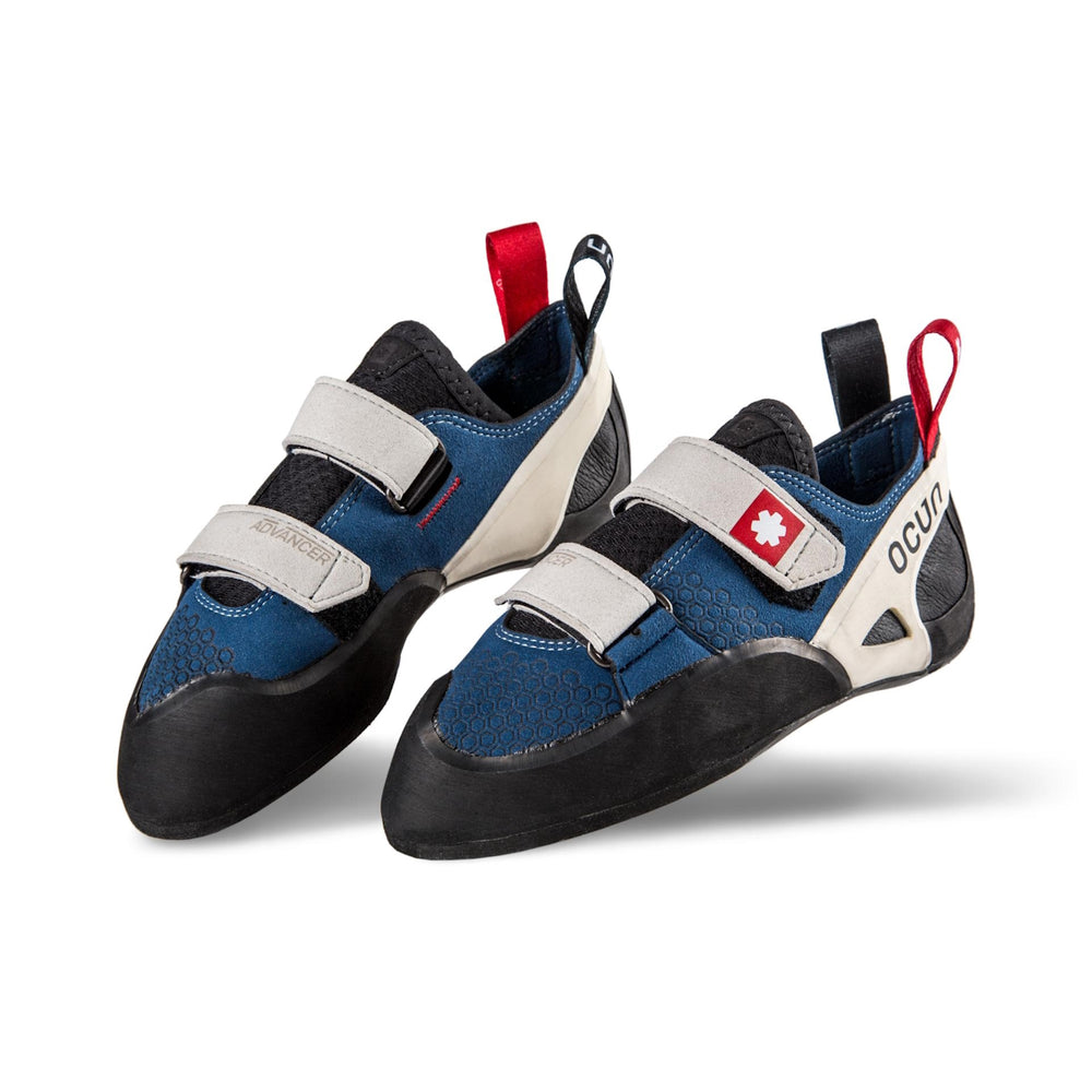 
                      
                        Ocun Advancer QC climbing shoes with dual Velcro straps, flat profile, and CAT 1.5 rubber, designed for intermediate climbers and suitable for Greek and Cube toe types.
                      
                    