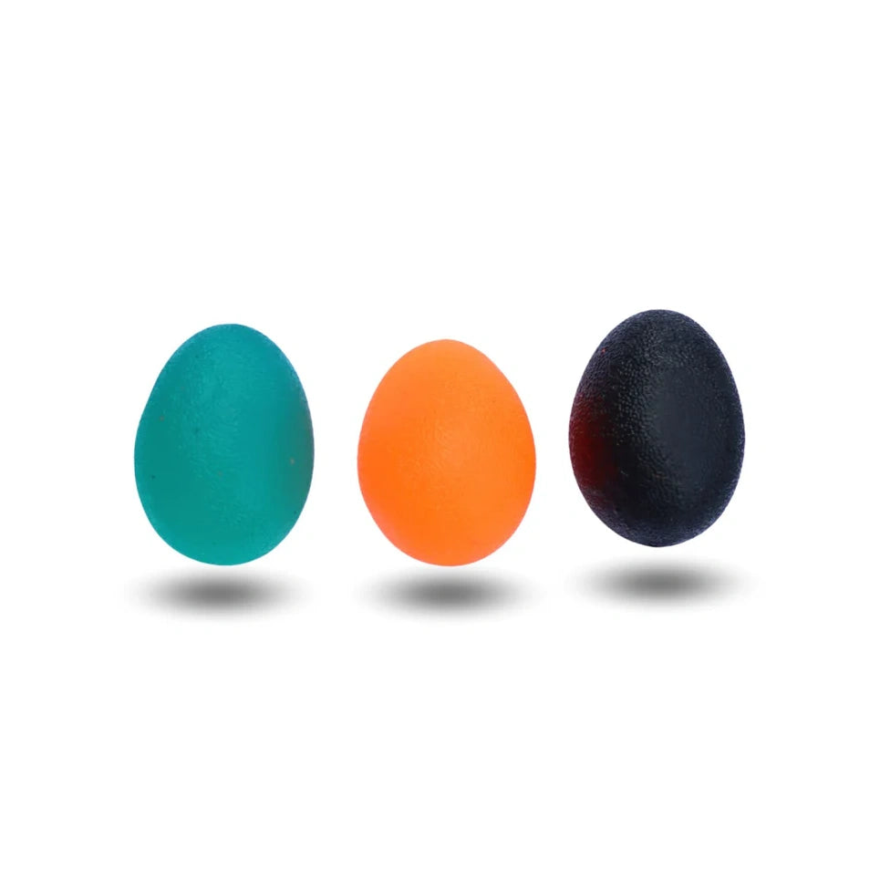 
                      
                        Set of 3 Hand Eggs for forearm warm-up, recovery, and strength training, sized like real eggs with light, medium, and heavy resistance, includes free carrying bag.
                      
                    