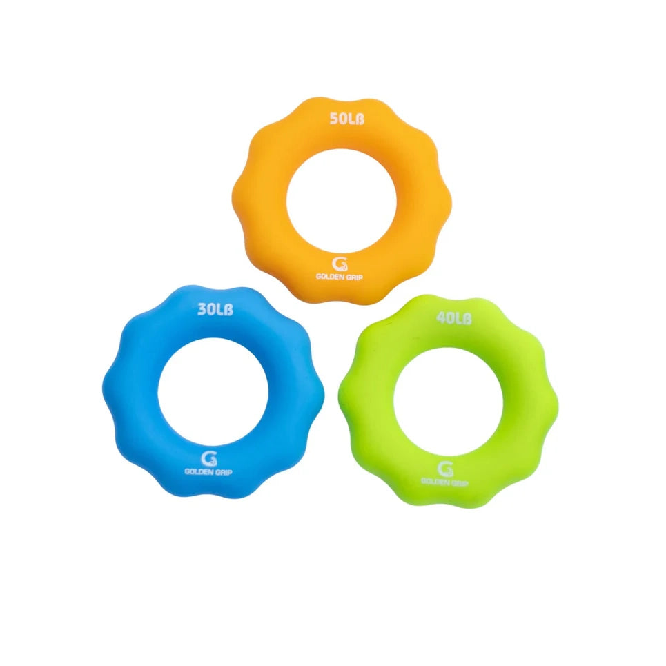 
                      
                        Set of 3 Hand Training Rings for forearm strength and grip warm-up, with resistance levels of 30lbs, 40lbs, and 50lbs, includes free carrying bag.
                      
                    