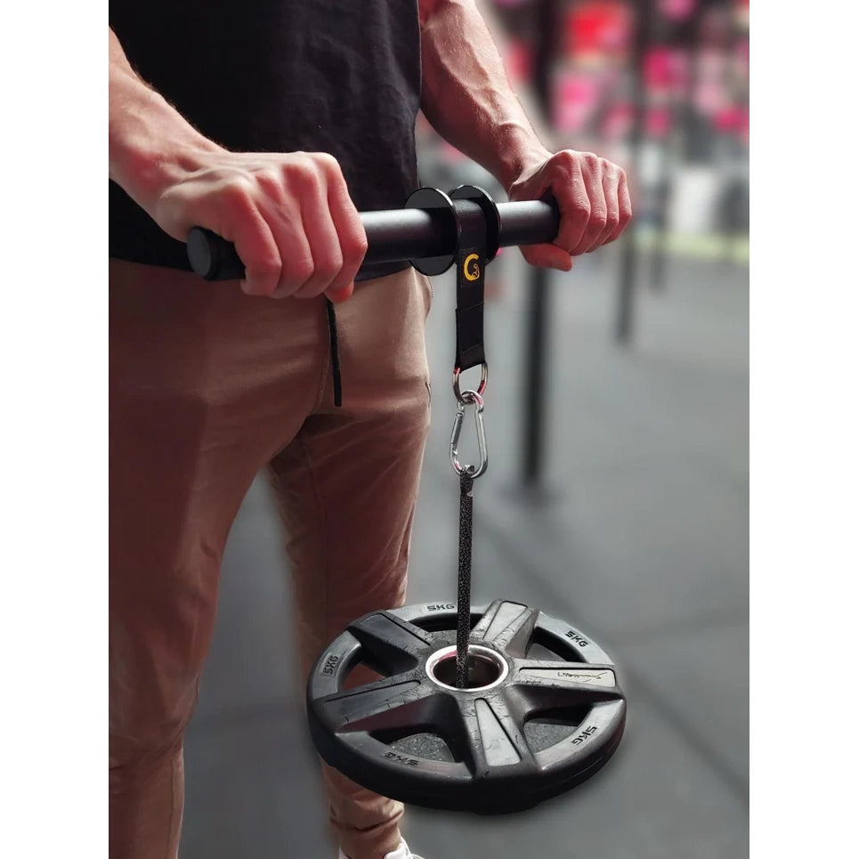 
                      
                        Golden Grip Wrist Roller with extra-wide strap and durable foam handles, designed for balanced forearm and grip training, max load of 18kg, suitable for 25mm, 30mm, and 50mm weight plates.
                      
                    